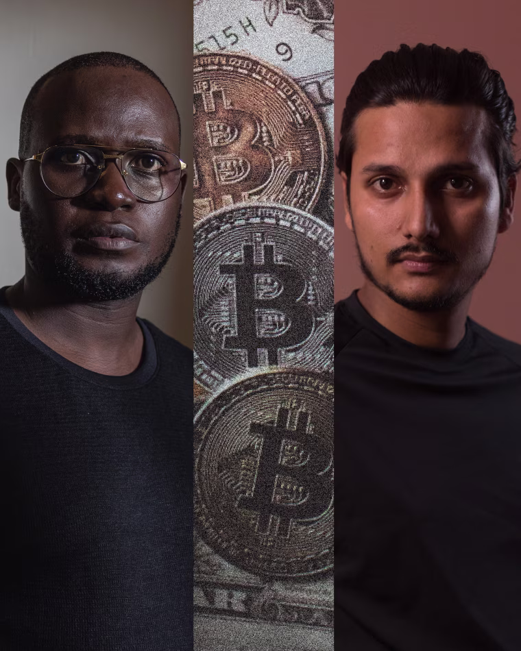 Triptych of Festo Ivaibi, bitcoins, and Muhammad Arsalan.