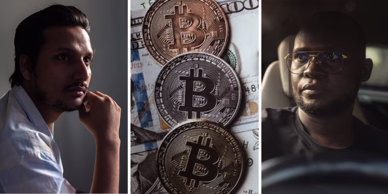 Triptych of Muhammad Arsalan, bitcoins and Festo Ivaibi.