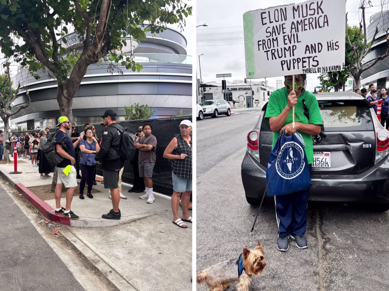 A lone anti-Trump protester, Josephine, outside the Tesla Diner on Monday as others wait in line outside the Tesla Diner.