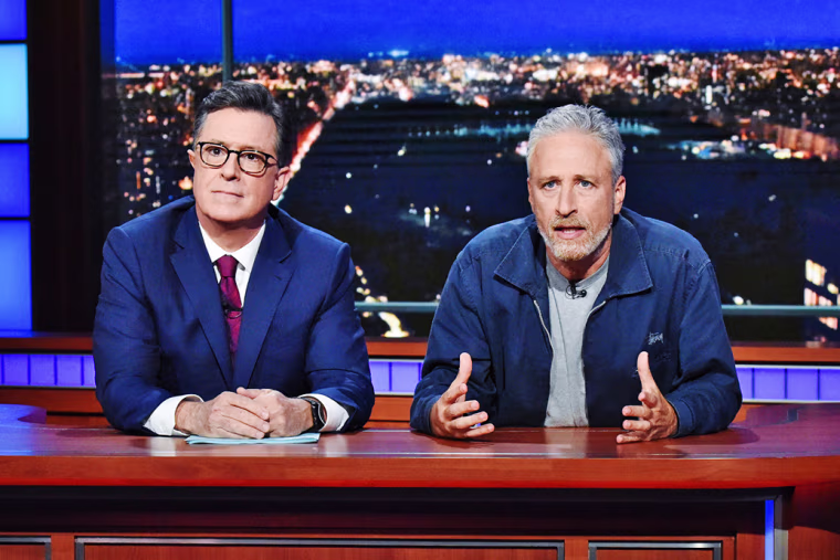 Jon Stewart appears on "The Late Show with Stephen Colbert" in 2019. 