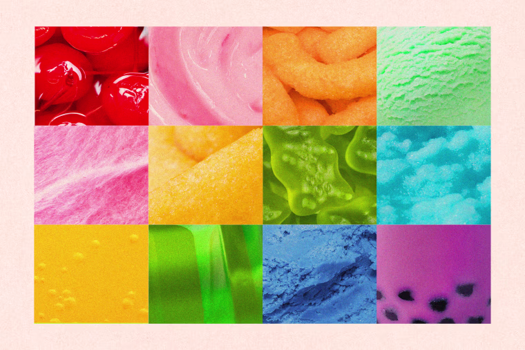 Macro shots of processed foods with dyes, such as ice cream, candy, soda, chips, and other snacks.