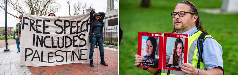 Dueling protests over the Israel-Hamas war outside Harvard University on April 25.