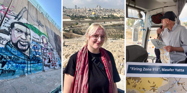 A triptych composite image with the following imagery from left, An outdoor mural on a wall for George Floyd and slain Palestinian journalist Shireen Abu Akleh, Destiny Magnett standing outside in Jerusalem, and a tour guide speaking on a microphone inside of a bus