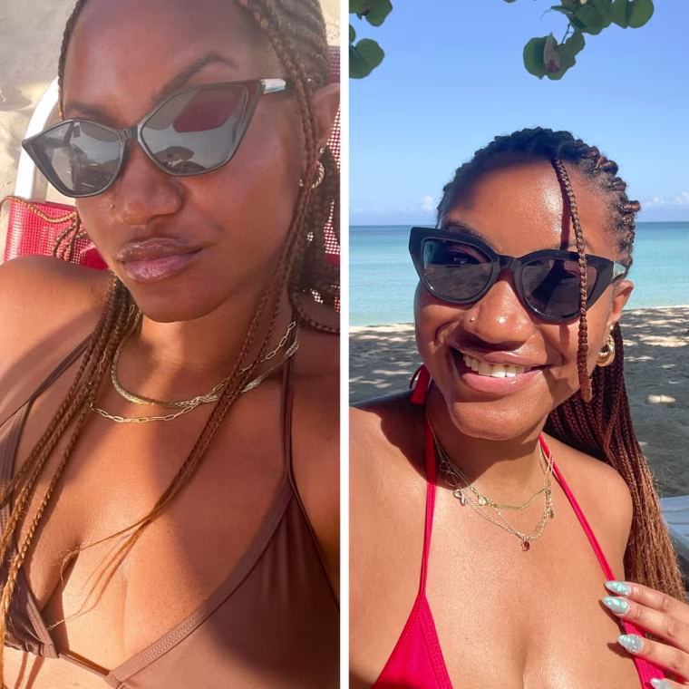 Two side by side images of Morris wearing the Prive Reveaux glasses while on the beach.