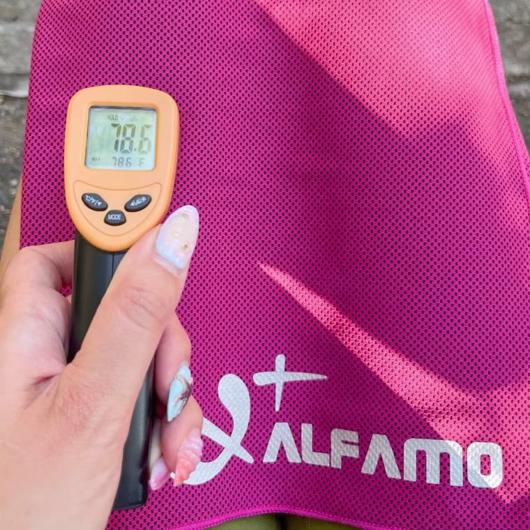 Temperature of the Alfamo cooling towel on a 97.5 degree day.