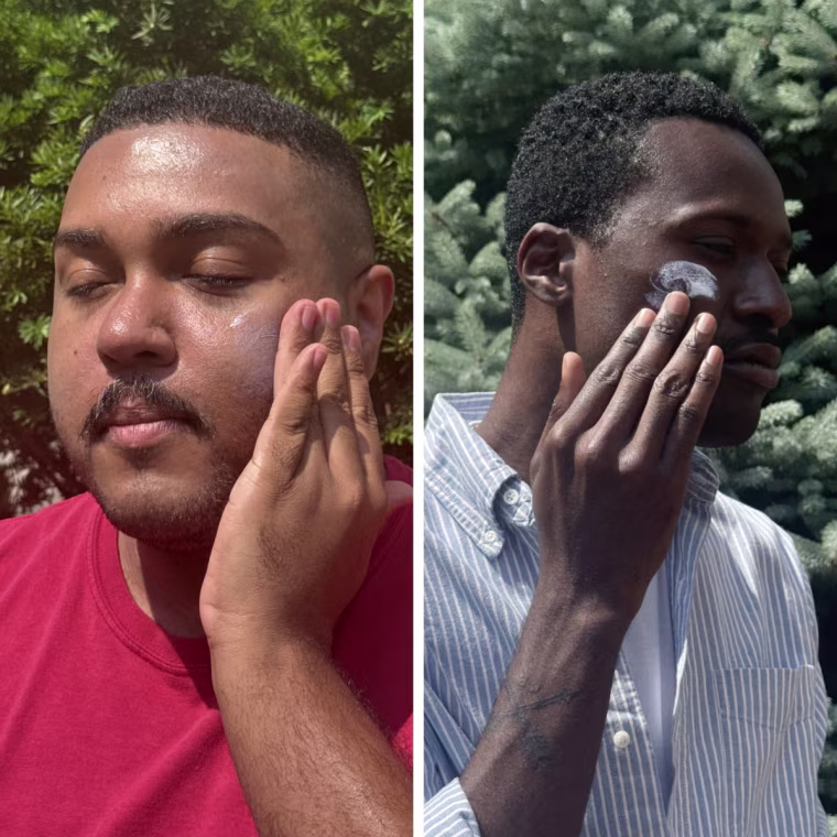 NBC Select editors in front of a green background, rubbing sunscreen formulas into their faces.