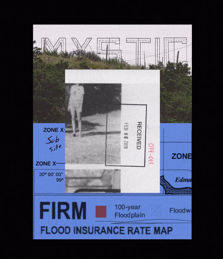 Photo illustration of archival image of Camp Mystic overlaid with text and diagrams and large text that reads "FIRM Flood Insurance Rate Map" 