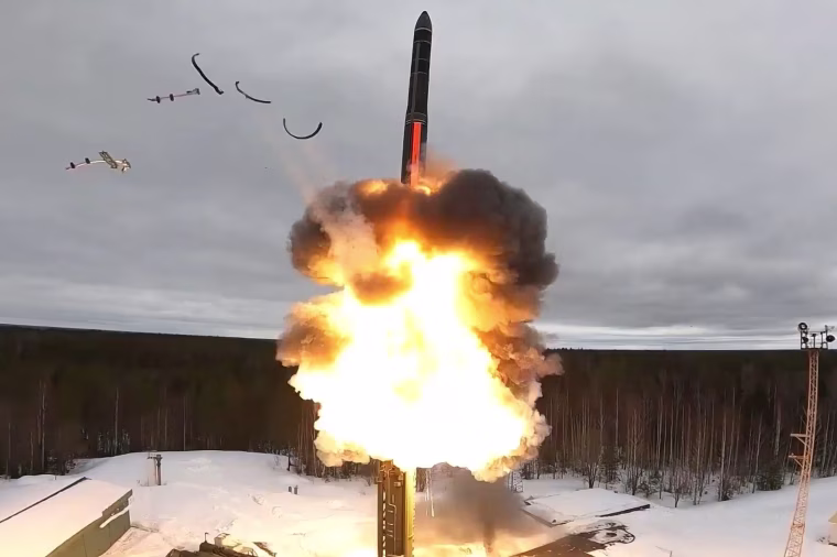 A Russian Yars intercontinental ballistic missile is test-fired from a launch pad in northwestern Russia in 2024.