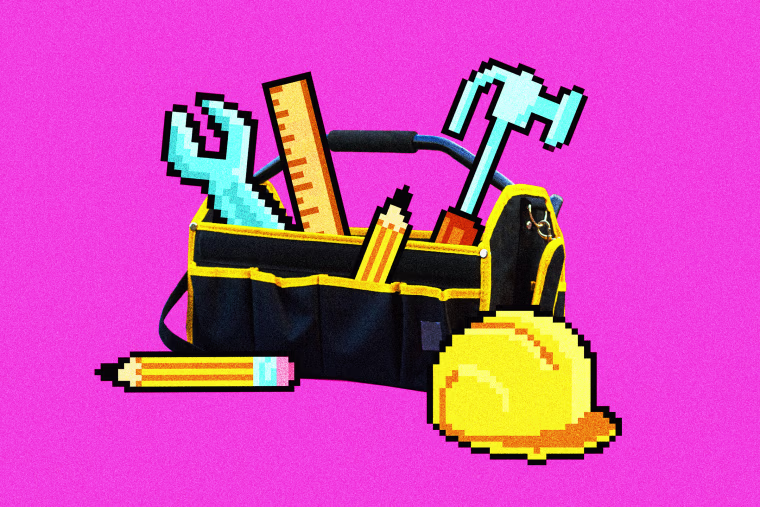 Toolbox filled with pixel-art tools.