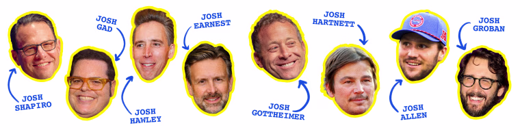 Many famous Josh's in culture, with arrows pointing to their names (Josh Shapiro, Josh Gad, Josh Hawley, Josh Earnest, Josh Gottheimer, Josh Hartnett, Josh Allen, Josh Groban)