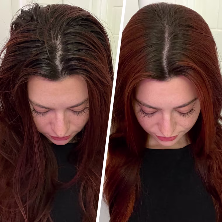 Production associate Audrey Ekman before and after applying the Not Your Mother's Clean Freak 3-in-1 Dry Shampoo.