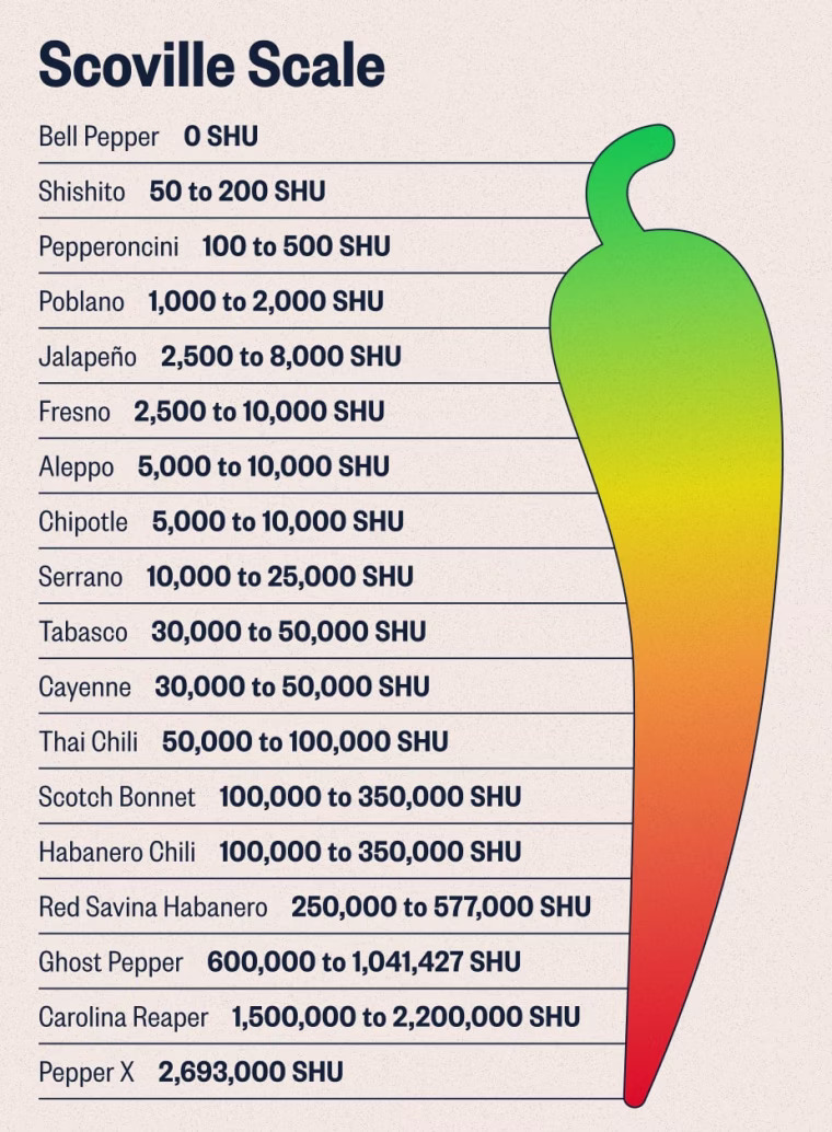 A graphic of a Scoville Scale labeled with some of the most popular peppers’ Scoville ratings.