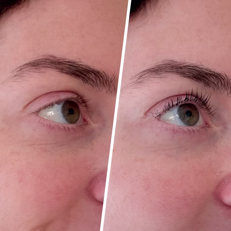 Kosas Soulgazer Lengthening Mascara + Lash Serum before (left) and after (right)