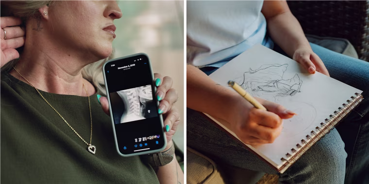 A split composite image showing Christine Byers, left, showing her neck scars and an x-ray image on her phone, and right, hands close up on a sketch on a drawing pad