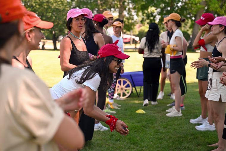 Rebecca Minkoff (in turquoise necklace and pink hat) and Anu Duggal at Female Founders Fund Camp FFF Field Day in June.