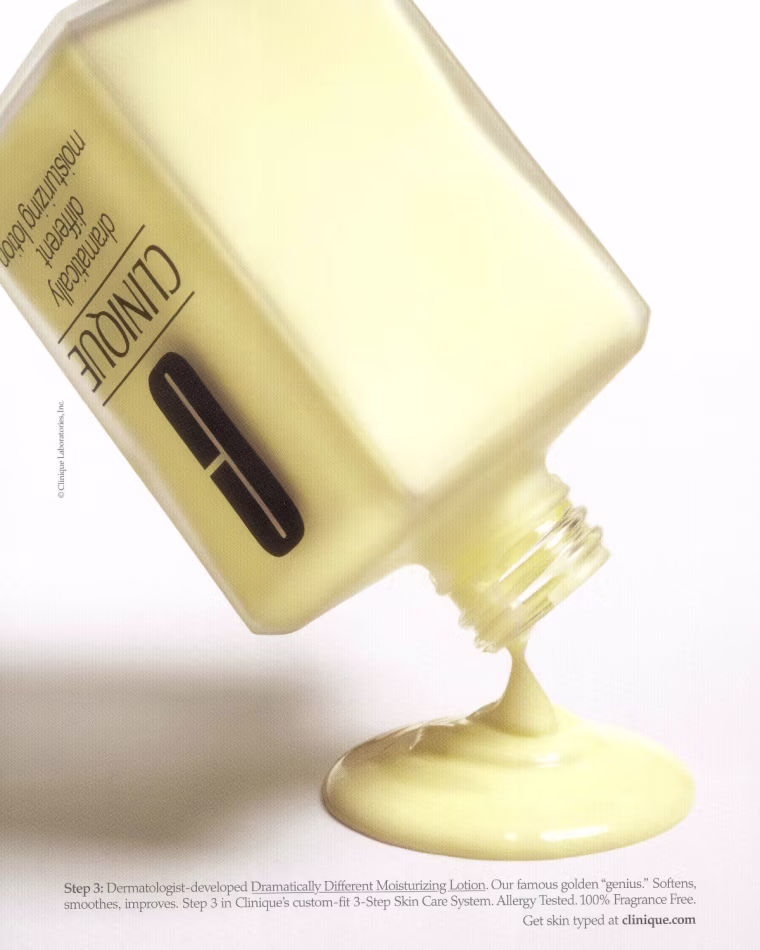 A Clinique advertisement for the Dramatically Different Moisturizing Lotion, the final product in a three-step skin care system pioneered by the brand.