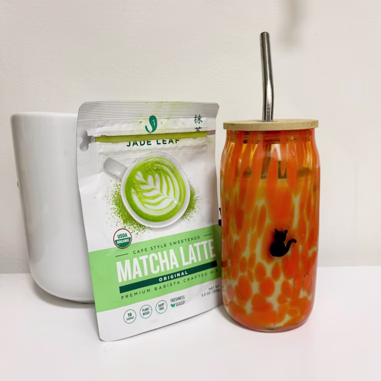 Anthropologie Icon Juice Glass Tumbler (Black Cat) with Jade Leaf Matcha Latte.