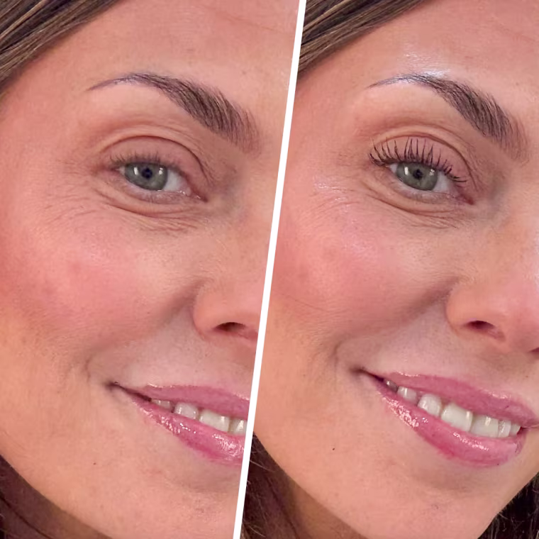 Shop TODAY contributor Melissa Garcia before (left) and after (right) applying the L’Oréal Paris Makeup Telescopic Original Lengthening Mascara.