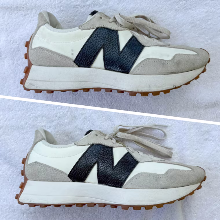 Producer Alexa Casavecchia's sneakers before (top) and after (bottom) using the Miss Mouth's Messy Steppers Shoe Cleaner.