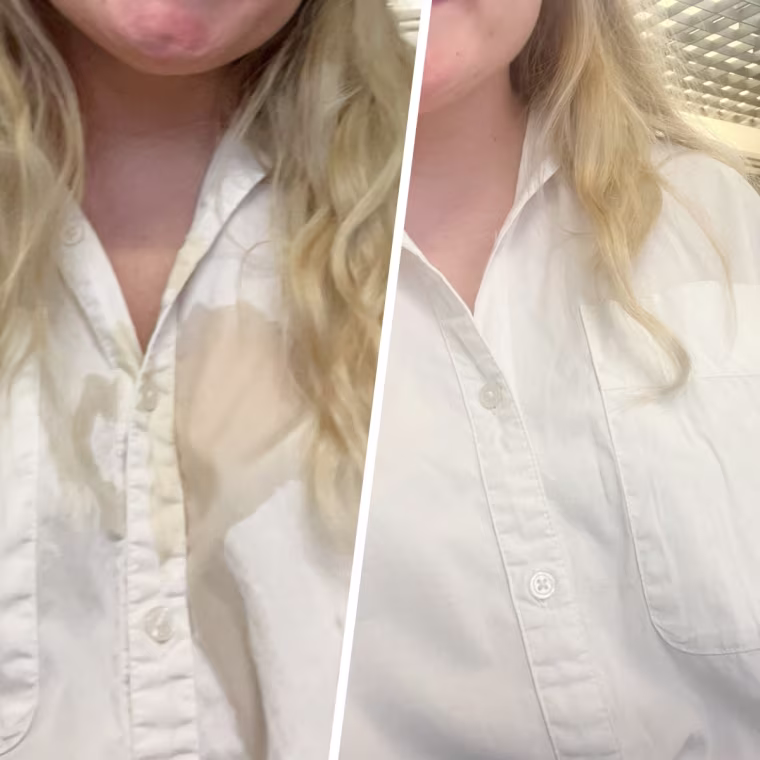 The coffee stain on writer Emma Stessman's white shirt disappeared after using the Puracy Stain Remover.