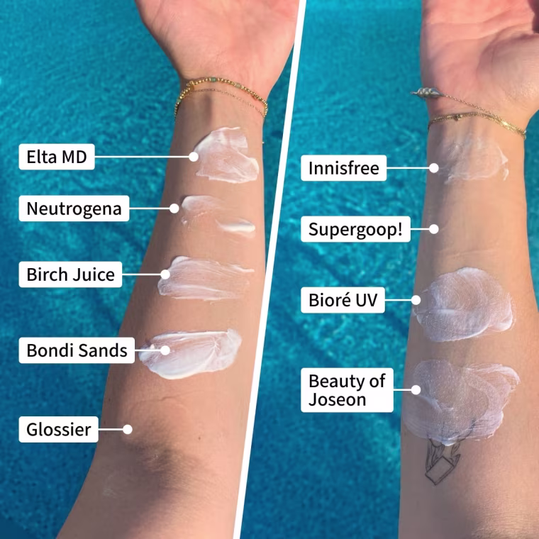 Swatch of each sunscreen tested to assess white casts.