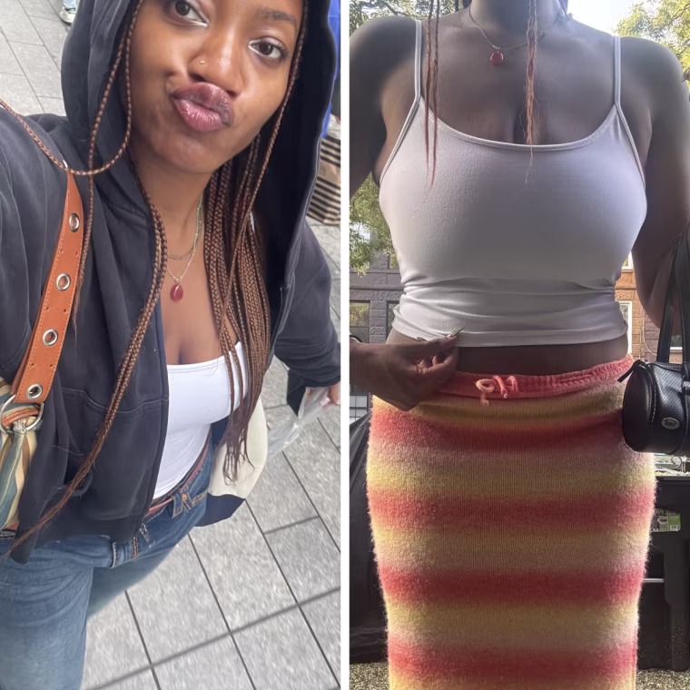 (L) An overhead selfie of Morris wearing the Tankair Studio tank with a sweater, jeans and an umbrella on a rainy day. (R ) Morris wearing the Studio Tank with pink and yellow fuzzy skirt and black bag on a sunny day.
