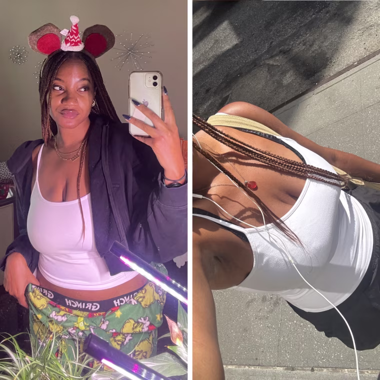 (L) Morris wearing the Tankair Studio tank with a hooded sweater, holiday pajamas and mouse ears. (R ) Morris wearing the Studio Tank on a sidewalk outside in the summertime.