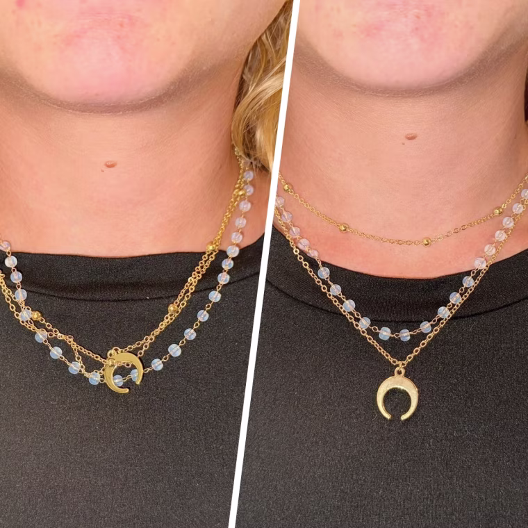 Dailyacc Layering Necklace Clasp for Stackable Necklaces before (left) and after (right) use.