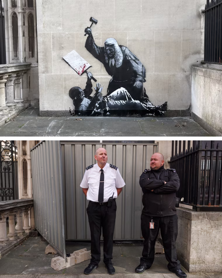 An artwork by Banksy outside the Royal Courts of Justice in London on Monday, top, and security guards standing in front of the concealed artwork later.