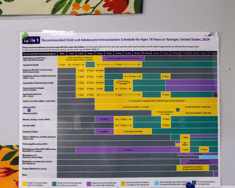 An immunization schedule on Virginia Wilson's office wall at Premier Charter School in St. Louis.