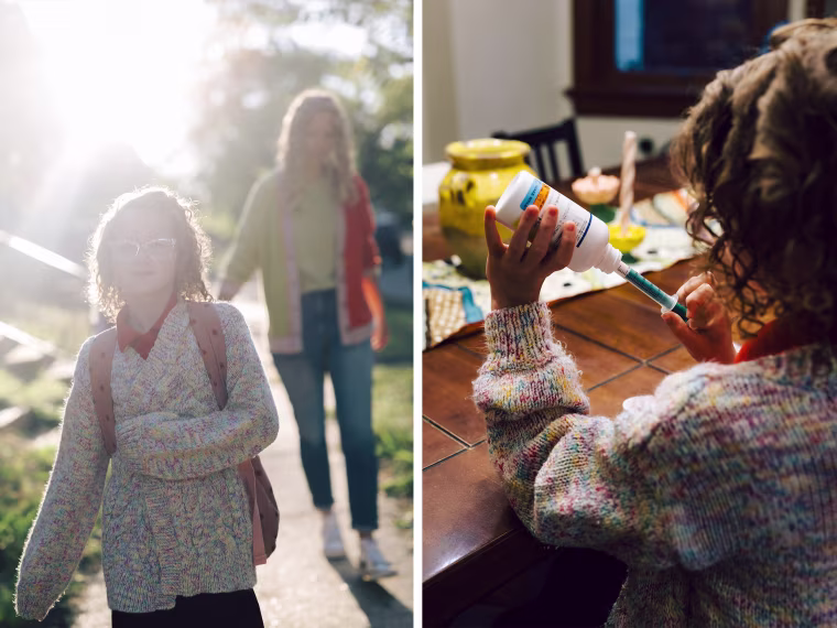 Side by side of Lucy Pratt walking to school with her mother and taking her medication at home.
