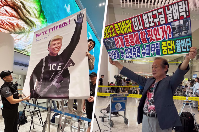 Protesters at the airport on Friday.