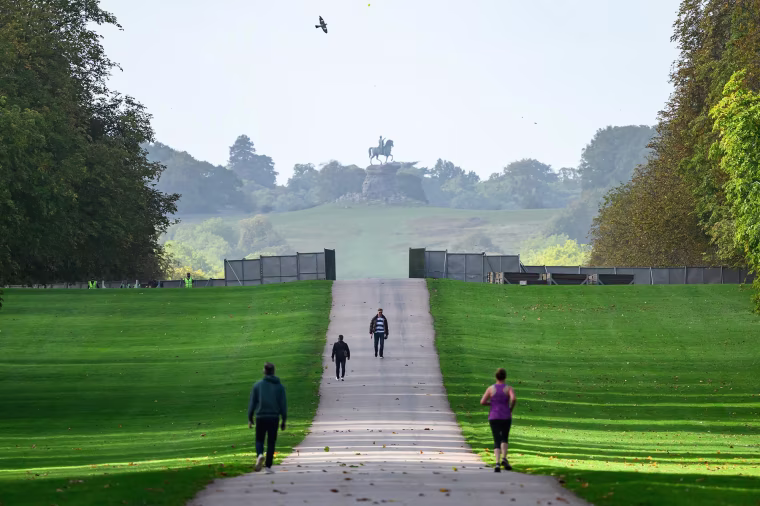 A steel security fence surrounds sections of the "Long Walk" on Sept. 15, 2025, ahead of the visit by President Donald Trump in Windsor, England. 