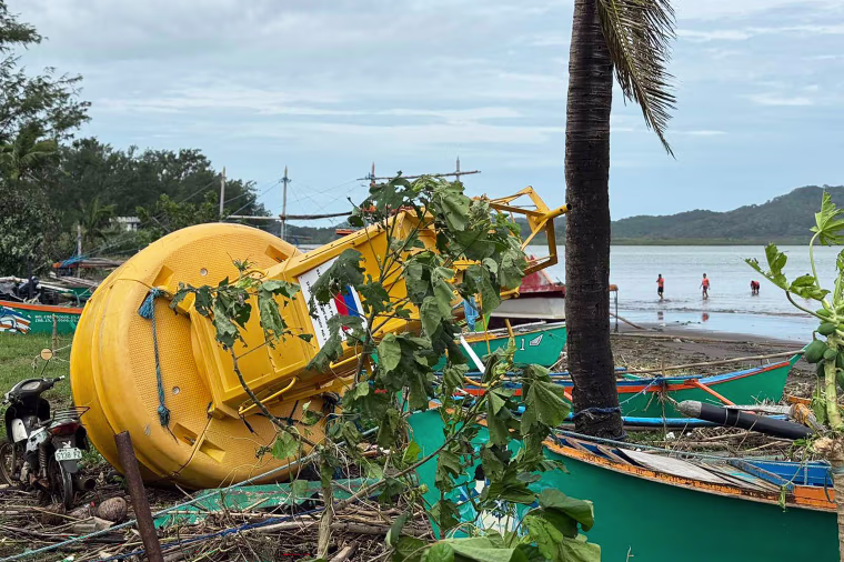 A navigational buoy is washed ashore