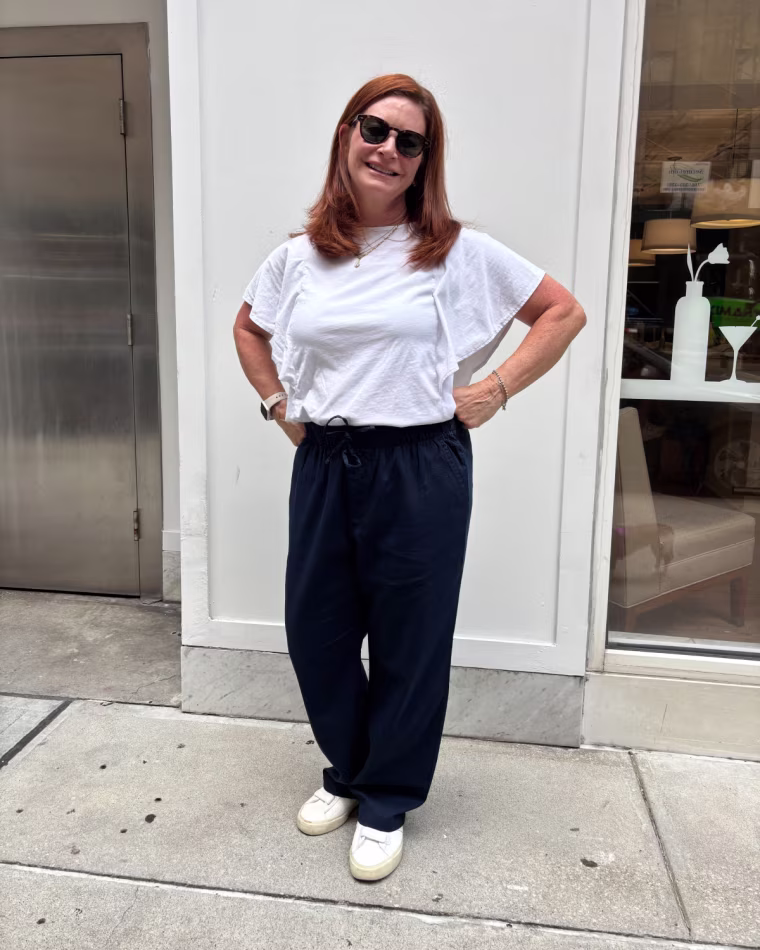 Rachel Malin models the Gap Easy Pant.