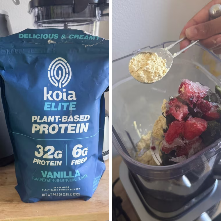 On the left side, Koia Protein Powder on top of a kitchen counter; On the right side, a spoonful of Koia protein powder above a blender.