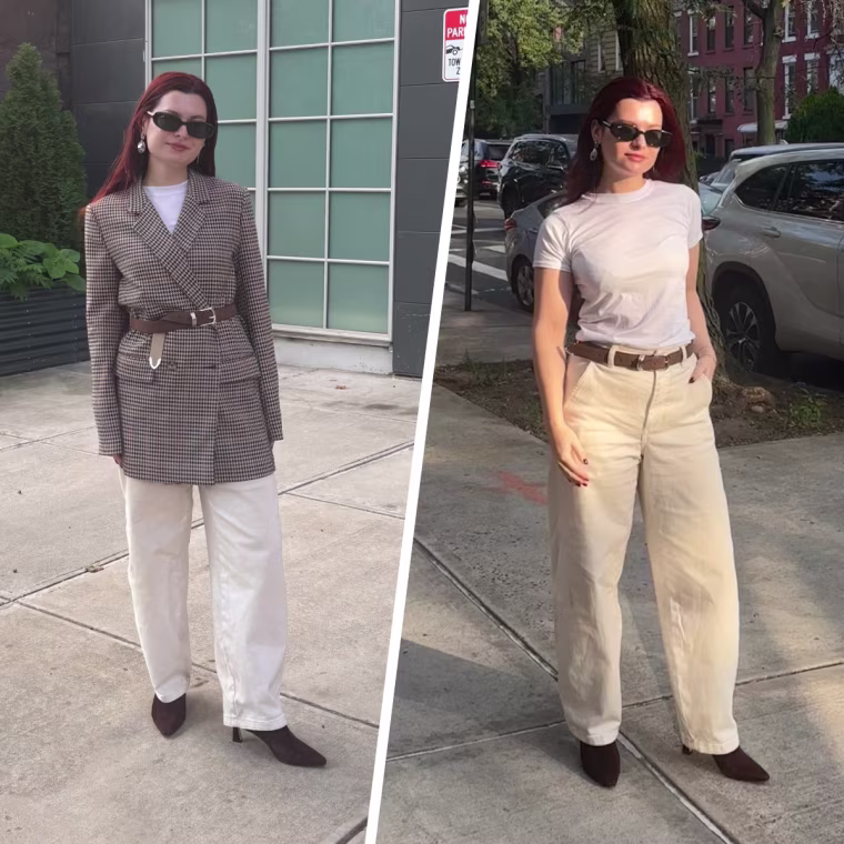 Production associate Audrey Ekman styles the Risantry Faux Leather Belt two ways for fall.