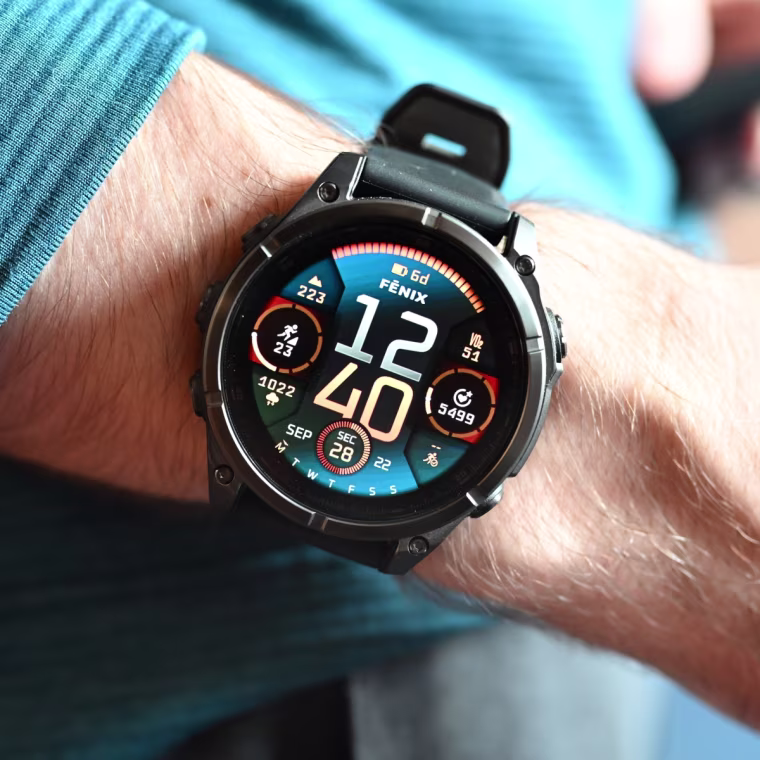 A close-up of the Garmin Fenix 8 (47mm) on the wrist of the writer.
