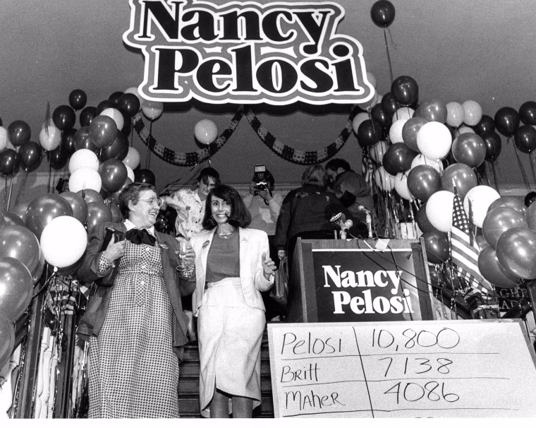 Nancy Pelosi at election headquarters on primary election night, April 7, 1987.