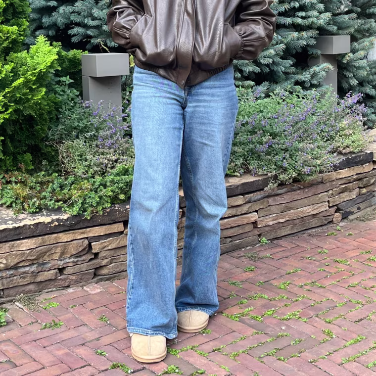 Commerce writer Danielle Murphy wearing the Amazon Essentials High-Rise Wide-Leg Jean