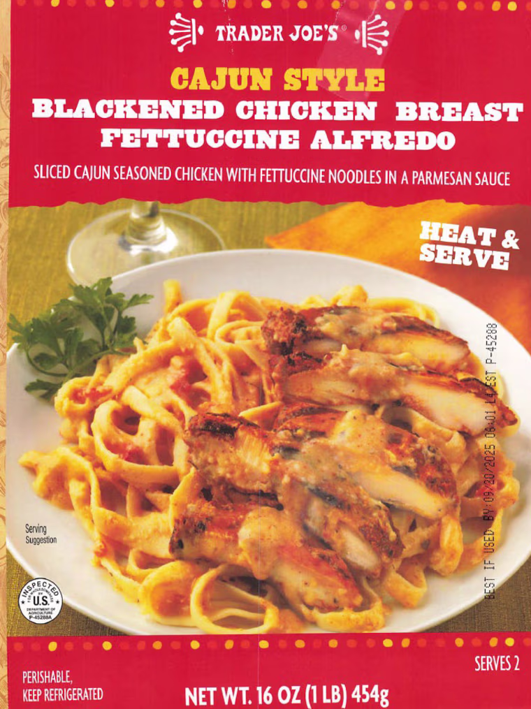 A box of Trader Joe's Cajun Style Blackened Chilcken Breast Fettuccine Alfredo.