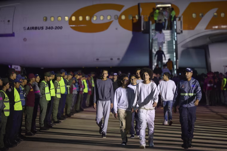 Deportees arrive on a flight from the U.S. in Maiquetia, Venezuela, on March 24, 2025. 