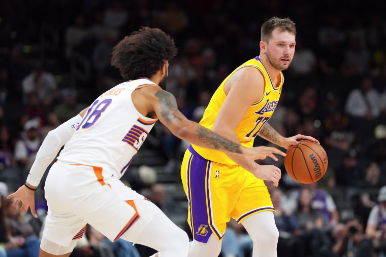 Luka Doncic of the Los Angeles Lakers during a preseason game against the Phoenix Suns on Oct. 14, 2025.