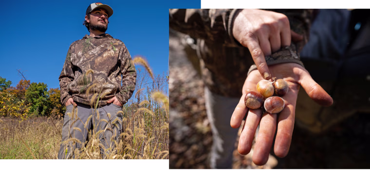 Brandon Hill holds hybrid American chestnuts harvested on his farm.