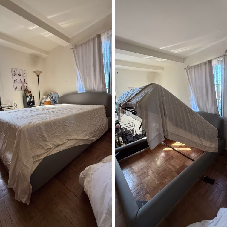 Two photos side by side. First, a light green bed frame with a mattress and sheets on it inside a bedroom. Second, a photo of the bed frame being popped-up, revealing the storage space underneath.
