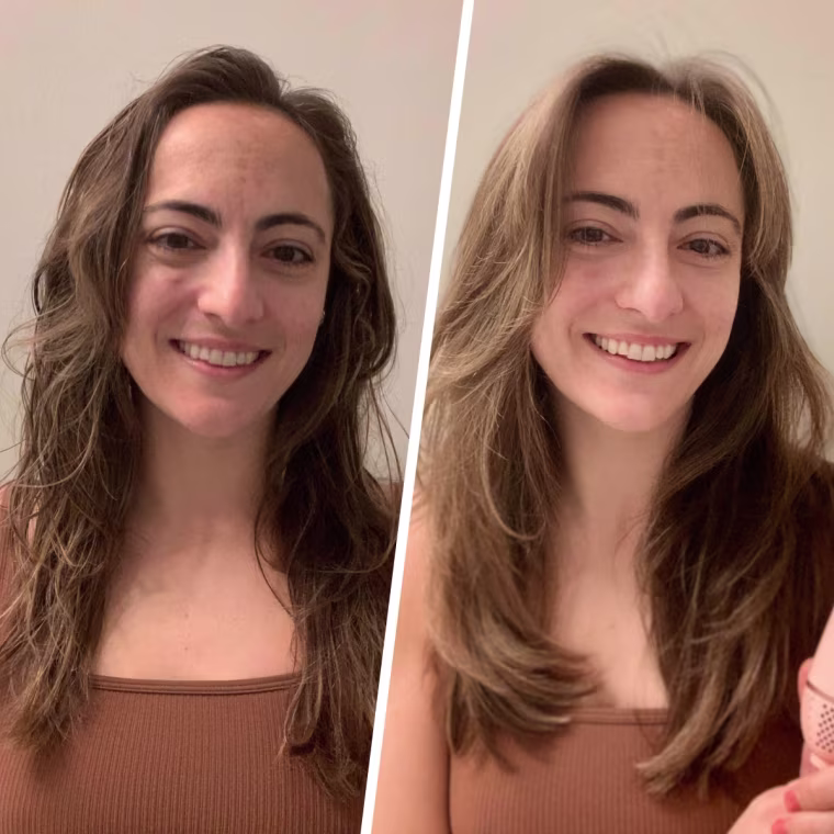 Murphy before and after using the Wavytalk Jet Brush Dual Voltage Hair Dryer Brush.