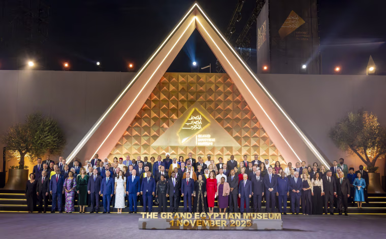 Egyptian President Abdel Fattah al-Sisi posing with officials and guests during the opening ceremony of the Grand Egyptian Museum on Nov. 1.