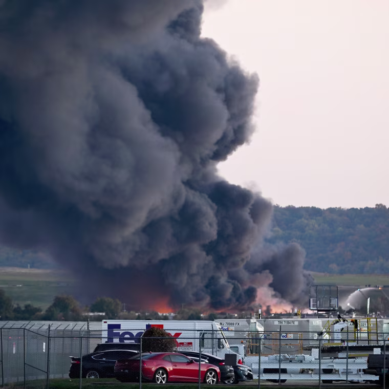 Fire and smoke mark where a UPS cargo plane crashed near Louisville Muhammad Ali International Airport.