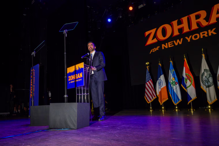 New York City Mayoral candidate Zohran Mamdani speaks during an election night even