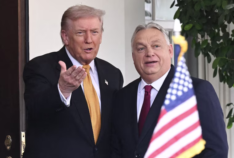 President Donald Trump greets Hungarian Prime Minister Viktor Orban